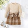 imageKucnuzki Toddler Baby Girl Fall Winter Clothes Long Sleeve Ribbed Shirt Top Corduroy Mini Skirt Plaid Aline Dress OutfitApricot