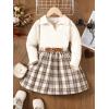imageKucnuzki Toddler Baby Girl Fall Winter Clothes Long Sleeve Ribbed Shirt Top Corduroy Mini Skirt Plaid Aline Dress OutfitBeige