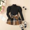 imageKucnuzki Toddler Baby Girl Fall Winter Clothes Long Sleeve Ribbed Shirt Top Corduroy Mini Skirt Plaid Aline Dress OutfitBlack Brown