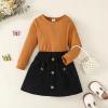 imageKucnuzki Toddler Baby Girl Fall Winter Clothes Long Sleeve Ribbed Shirt Top Corduroy Mini Skirt Plaid Aline Dress OutfitBrown