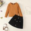imageKucnuzki Toddler Baby Girl Fall Winter Clothes Long Sleeve Ribbed Shirt Top Corduroy Mini Skirt Plaid Aline Dress OutfitBrown