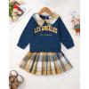 imageKucnuzki Toddler Baby Girl Fall Winter Clothes Long Sleeve Ribbed Shirt Top Corduroy Mini Skirt Plaid Aline Dress OutfitDark Blue