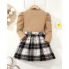 imageKucnuzki Toddler Baby Girl Fall Winter Clothes Long Sleeve Ribbed Shirt Top Corduroy Mini Skirt Plaid Aline Dress OutfitLight Brown