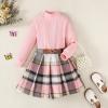 imageKucnuzki Toddler Baby Girl Fall Winter Clothes Long Sleeve Ribbed Shirt Top Corduroy Mini Skirt Plaid Aline Dress OutfitPink
