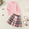 imageKucnuzki Toddler Baby Girl Fall Winter Clothes Long Sleeve Ribbed Shirt Top Corduroy Mini Skirt Plaid Aline Dress OutfitPink