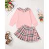 imageKucnuzki Toddler Baby Girl Fall Winter Clothes Long Sleeve Ribbed Shirt Top Corduroy Mini Skirt Plaid Aline Dress OutfitPink Bear