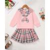imageKucnuzki Toddler Baby Girl Fall Winter Clothes Long Sleeve Ribbed Shirt Top Corduroy Mini Skirt Plaid Aline Dress OutfitPink Bear