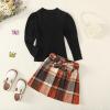 imageKucnuzki Toddler Baby Girl Fall Winter Clothes Long Sleeve Ribbed Shirt Top Corduroy Mini Skirt Plaid Aline Dress OutfitPlaid Black