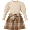 imageKucnuzki Toddler Baby Girl Fall Winter Clothes Long Sleeve Ribbed Shirt Top Corduroy Mini Skirt Plaid Aline Dress OutfitApricot