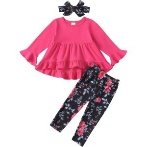 imageKucnuzki Baby Girl Clothes Toddler Girl Outfit Ruffle Sleeve Shirt Floral Pant Set Fall Winter Clothing for GirlBarbie Pink