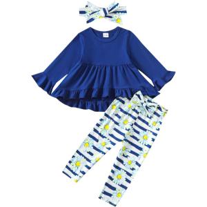 imageKucnuzki Baby Girl Clothes Toddler Girl Outfit Ruffle Sleeve Shirt Floral Pant Set Fall Winter Clothing for GirlBlue