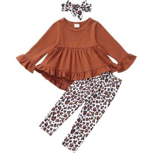 imageKucnuzki Baby Girl Clothes Toddler Girl Outfit Ruffle Sleeve Shirt Floral Pant Set Fall Winter Clothing for GirlBrown
