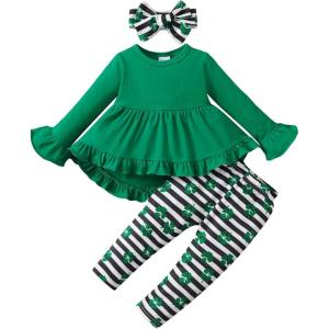 imageKucnuzki Baby Girl Clothes Toddler Girl Outfit Ruffle Sleeve Shirt Floral Pant Set Fall Winter Clothing for GirlGreen
