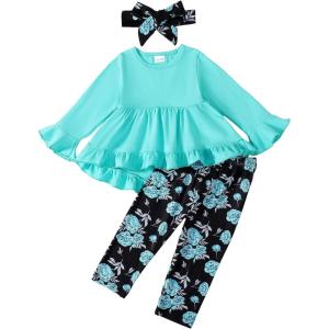 imageKucnuzki Baby Girl Clothes Toddler Girl Outfit Ruffle Sleeve Shirt Floral Pant Set Fall Winter Clothing for GirlLightblue
