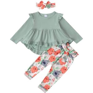 imageKucnuzki Baby Girl Clothes Toddler Girl Outfit Ruffle Sleeve Shirt Floral Pant Set Fall Winter Clothing for GirlLightgreen