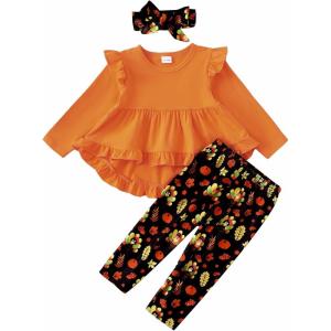 imageKucnuzki Baby Girl Clothes Toddler Girl Outfit Ruffle Sleeve Shirt Floral Pant Set Fall Winter Clothing for GirlOrange