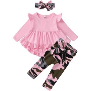 imageKucnuzki Baby Girl Clothes Toddler Girl Outfit Ruffle Sleeve Shirt Floral Pant Set Fall Winter Clothing for GirlPink