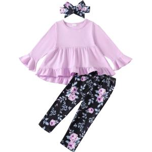 imageKucnuzki Baby Girl Clothes Toddler Girl Outfit Ruffle Sleeve Shirt Floral Pant Set Fall Winter Clothing for GirlPurple Rose