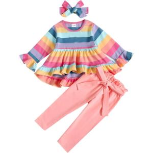 imageKucnuzki Baby Girl Clothes Toddler Girl Outfit Ruffle Sleeve Shirt Floral Pant Set Fall Winter Clothing for GirlRainbow