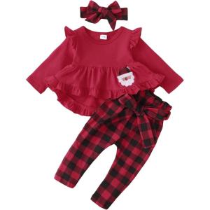 imageKucnuzki Baby Girl Clothes Toddler Girl Outfit Ruffle Sleeve Shirt Floral Pant Set Fall Winter Clothing for GirlRed