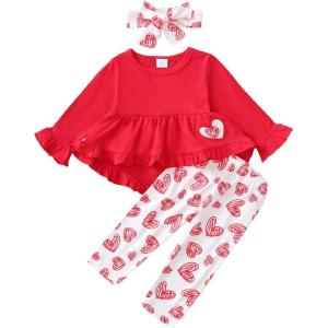 imageKucnuzki Baby Girl Clothes Toddler Girl Outfit Ruffle Sleeve Shirt Floral Pant Set Fall Winter Clothing for GirlRed White