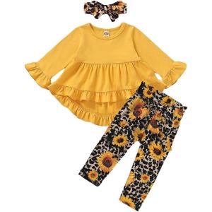 imageKucnuzki Baby Girl Clothes Toddler Girl Outfit Ruffle Sleeve Shirt Floral Pant Set Fall Winter Clothing for GirlYellow