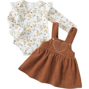 imageKucnuzki Newborn Baby Girl Clothes Toddler Long Sleeve Ruffle Romper Top Infant Skirt Set Little Girl Overall DressBrown