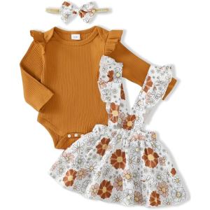 imageKucnuzki Newborn Baby Girl Clothes Toddler Long Sleeve Ruffle Romper Top Infant Skirt Set Little Girl Overall DressBrown Flower