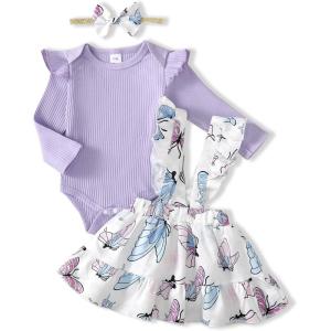 imageKucnuzki Newborn Baby Girl Clothes Toddler Long Sleeve Ruffle Romper Top Infant Skirt Set Little Girl Overall DressButterfly Purple
