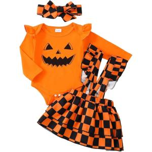 imageKucnuzki Newborn Baby Girl Clothes Toddler Long Sleeve Ruffle Romper Top Infant Skirt Set Little Girl Overall DressDark Orange