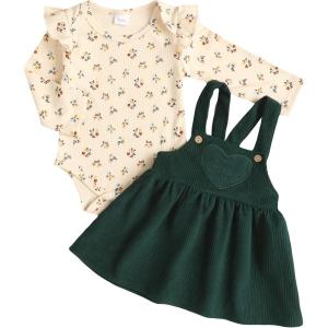 imageKucnuzki Newborn Baby Girl Clothes Toddler Long Sleeve Ruffle Romper Top Infant Skirt Set Little Girl Overall DressFloral Green
