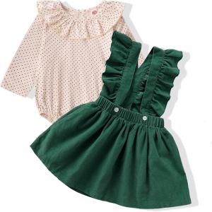 imageKucnuzki Newborn Baby Girl Clothes Toddler Long Sleeve Ruffle Romper Top Infant Skirt Set Little Girl Overall DressGreen Long2