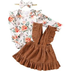 imageKucnuzki Newborn Baby Girl Clothes Toddler Long Sleeve Ruffle Romper Top Infant Skirt Set Little Girl Overall DressLight Brown