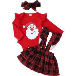 imageKucnuzki Newborn Baby Girl Clothes Toddler Long Sleeve Ruffle Romper Top Infant Skirt Set Little Girl Overall DressLight Red