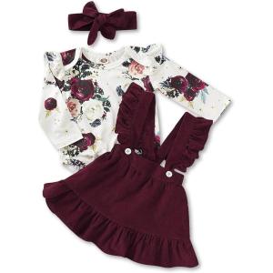 imageKucnuzki Newborn Baby Girl Clothes Toddler Long Sleeve Ruffle Romper Top Infant Skirt Set Little Girl Overall DressMaroon