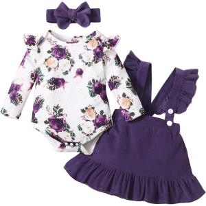 imageKucnuzki Newborn Baby Girl Clothes Toddler Long Sleeve Ruffle Romper Top Infant Skirt Set Little Girl Overall DressPurple