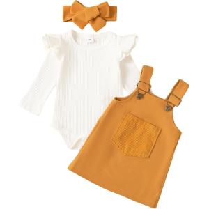 imageKucnuzki Newborn Baby Girl Clothes Toddler Long Sleeve Ruffle Romper Top Infant Skirt Set Little Girl Overall DressWhiteyellow