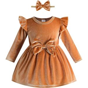 imageKucnuzki Toddler Baby Girl Clothes Velvet Dress Solid Little Flower Girl Dress Princess Casual Party Dress for Girl FallBrown