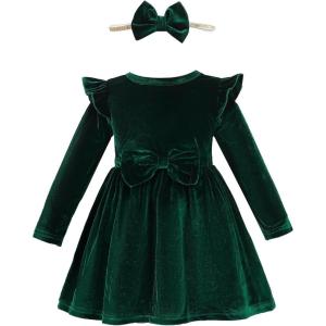 imageKucnuzki Toddler Baby Girl Clothes Velvet Dress Solid Little Flower Girl Dress Princess Casual Party Dress for Girl FallDark Green