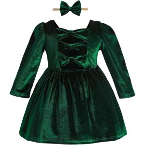 imageKucnuzki Toddler Baby Girl Clothes Velvet Dress Solid Little Flower Girl Dress Princess Casual Party Dress for Girl FallGreen