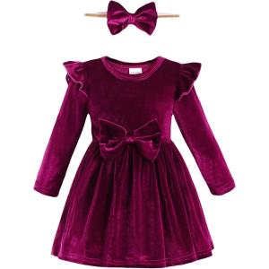 imageKucnuzki Toddler Baby Girl Clothes Velvet Dress Solid Little Flower Girl Dress Princess Casual Party Dress for Girl FallWine Red