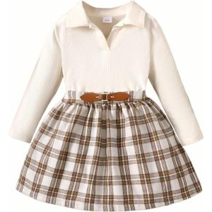 imageKucnuzki Toddler Baby Girl Fall Winter Clothes Long Sleeve Ribbed Shirt Top Corduroy Mini Skirt Plaid Aline Dress OutfitBeige
