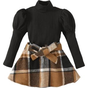 imageKucnuzki Toddler Baby Girl Fall Winter Clothes Long Sleeve Ribbed Shirt Top Corduroy Mini Skirt Plaid Aline Dress OutfitBlack Brown