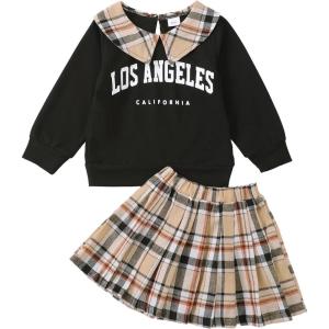 imageKucnuzki Toddler Baby Girl Fall Winter Clothes Long Sleeve Ribbed Shirt Top Corduroy Mini Skirt Plaid Aline Dress OutfitBlack Letter