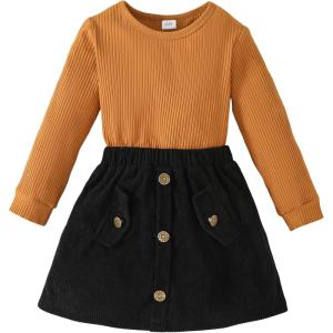 imageKucnuzki Toddler Baby Girl Fall Winter Clothes Long Sleeve Ribbed Shirt Top Corduroy Mini Skirt Plaid Aline Dress OutfitBrown