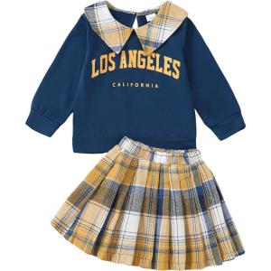 imageKucnuzki Toddler Baby Girl Fall Winter Clothes Long Sleeve Ribbed Shirt Top Corduroy Mini Skirt Plaid Aline Dress OutfitDark Blue