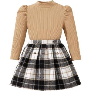 imageKucnuzki Toddler Baby Girl Fall Winter Clothes Long Sleeve Ribbed Shirt Top Corduroy Mini Skirt Plaid Aline Dress OutfitLight Brown