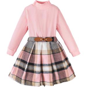imageKucnuzki Toddler Baby Girl Fall Winter Clothes Long Sleeve Ribbed Shirt Top Corduroy Mini Skirt Plaid Aline Dress OutfitPink