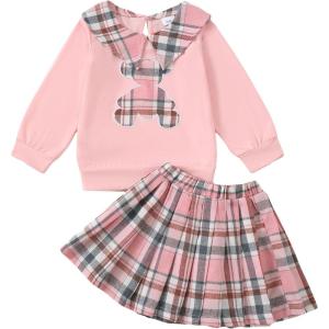 imageKucnuzki Toddler Baby Girl Fall Winter Clothes Long Sleeve Ribbed Shirt Top Corduroy Mini Skirt Plaid Aline Dress OutfitPink Bear