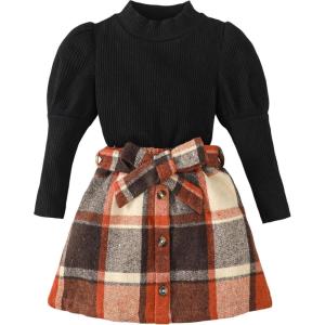 imageKucnuzki Toddler Baby Girl Fall Winter Clothes Long Sleeve Ribbed Shirt Top Corduroy Mini Skirt Plaid Aline Dress OutfitPlaid Black